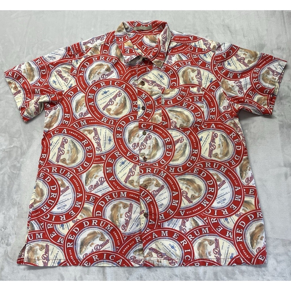 Columbia River Lodge Shirt Men Two Extra Large Red Amber Ale Red Drum Print Fish